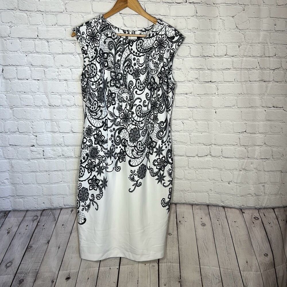 Vintage R&K Paisley Sheath Dress Black white Sleeveless size‎ 8